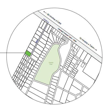 Map showing Lot 19 on the Coba road — 10 minutes to Tulum, 30 minutes to Cobá